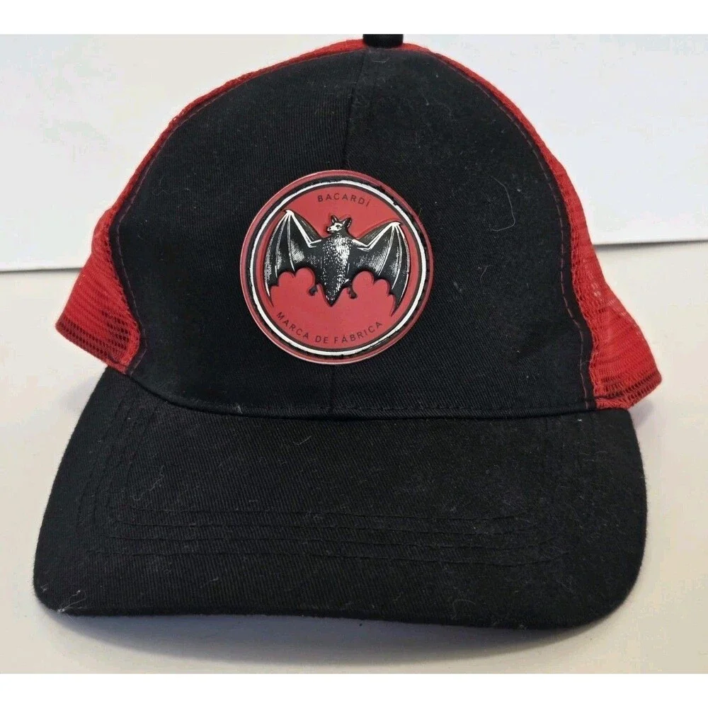 Bacardi Rum Hat Baseball Cap Red Black Bat Logo Snapback Mesh Trucker OSFA